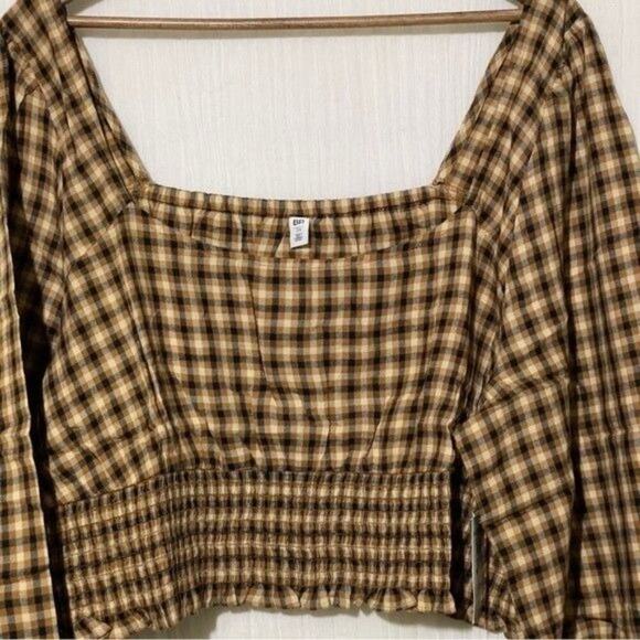 BP Dreamy · Junior 3X · Smocked Long Sleeve Crop · Plaid Tan-Black · Square Neck - Picture 3 of 14